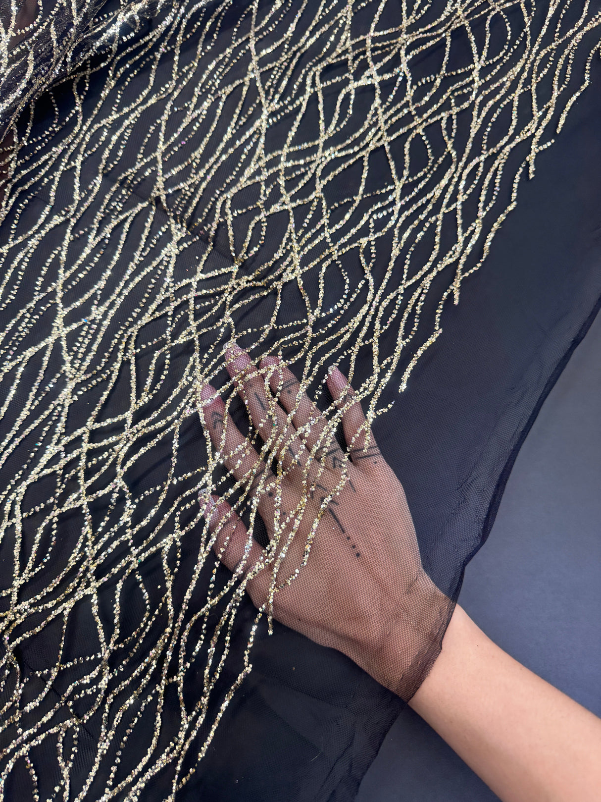 Gold Glitter Lace on Black Mesh