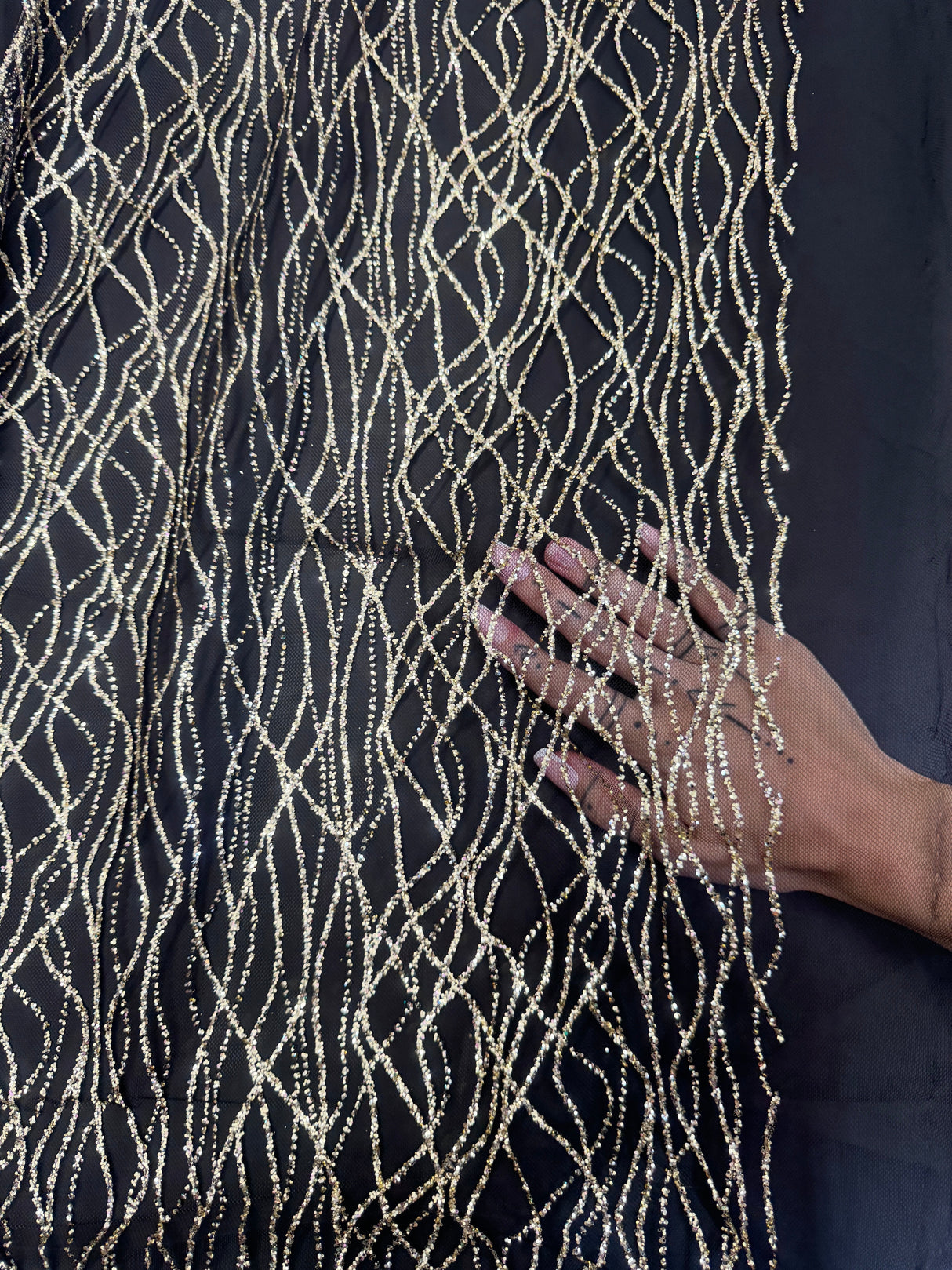 Gold Glitter Lace on Black Mesh