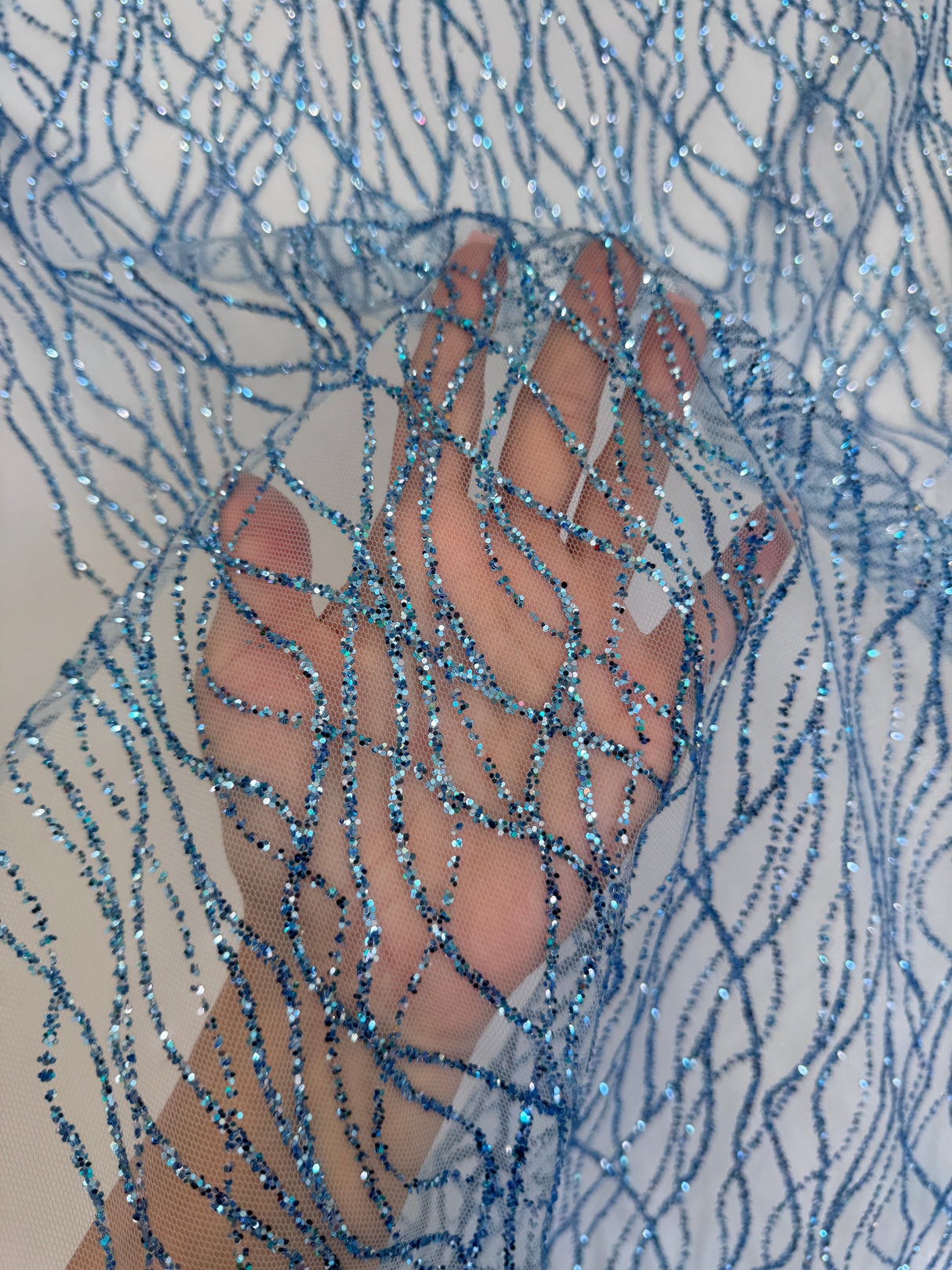 Glitter Lace on Mesh Baby Blue
