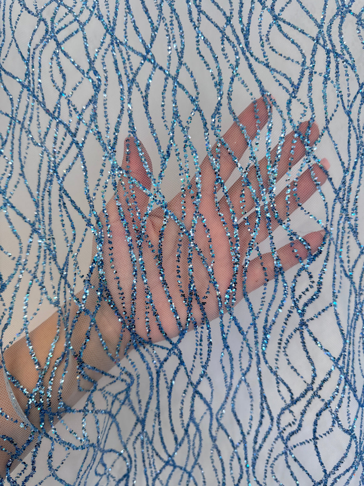 Glitter Lace on Mesh Baby Blue