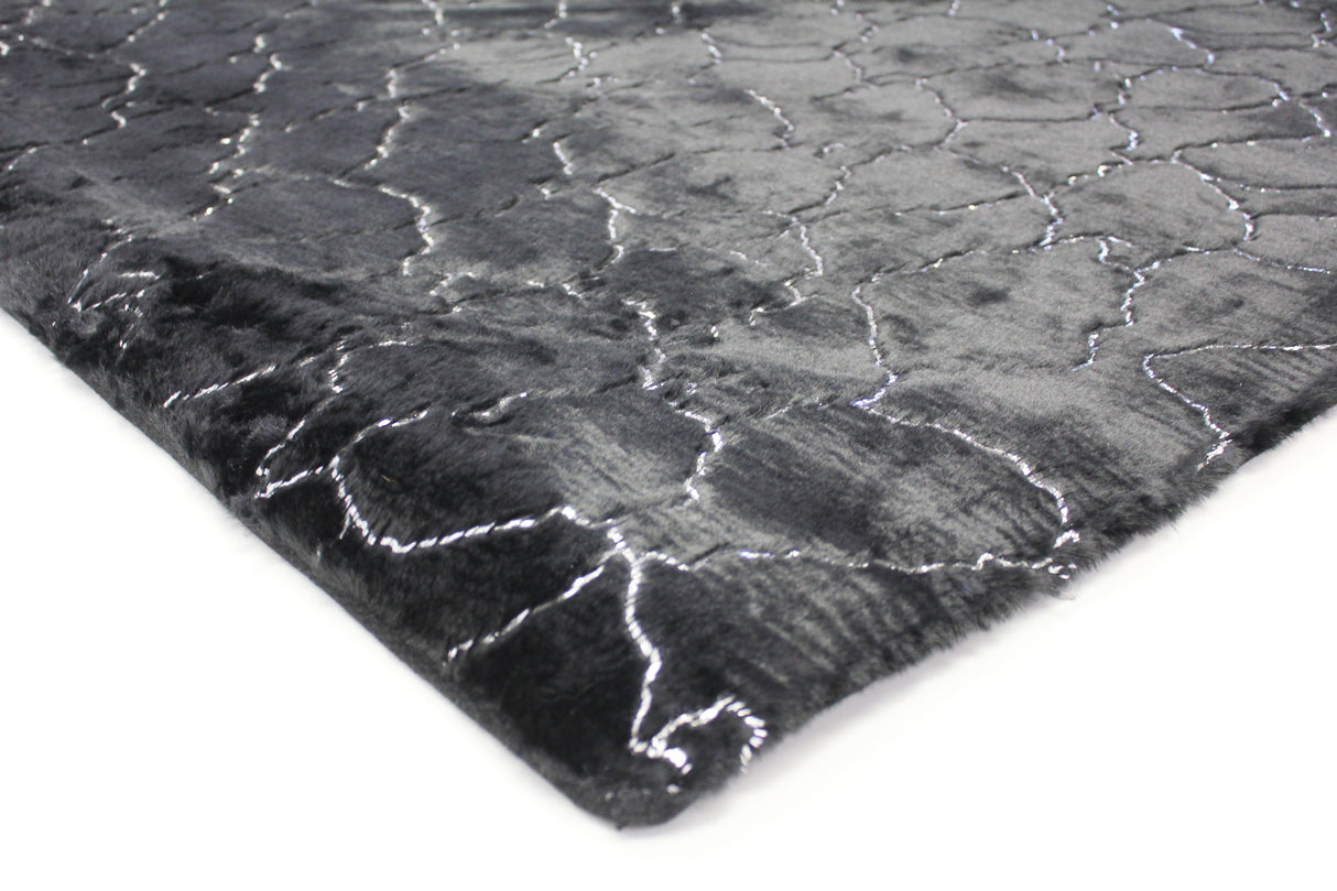 Black Marble With Silver Metallic Shimmery Design Faux Rabbit Touch Rug - Polyester Faux Fur Rug, Black Silver Marble, 7'6" X 10'3", 5' X 7' (1 Piece)