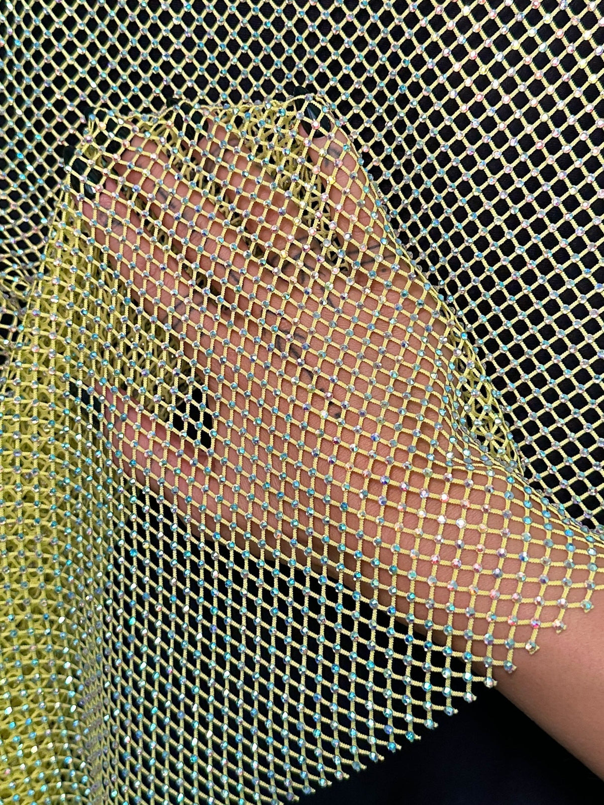Yellow Rhinestone Diamond Fishnet Mesh