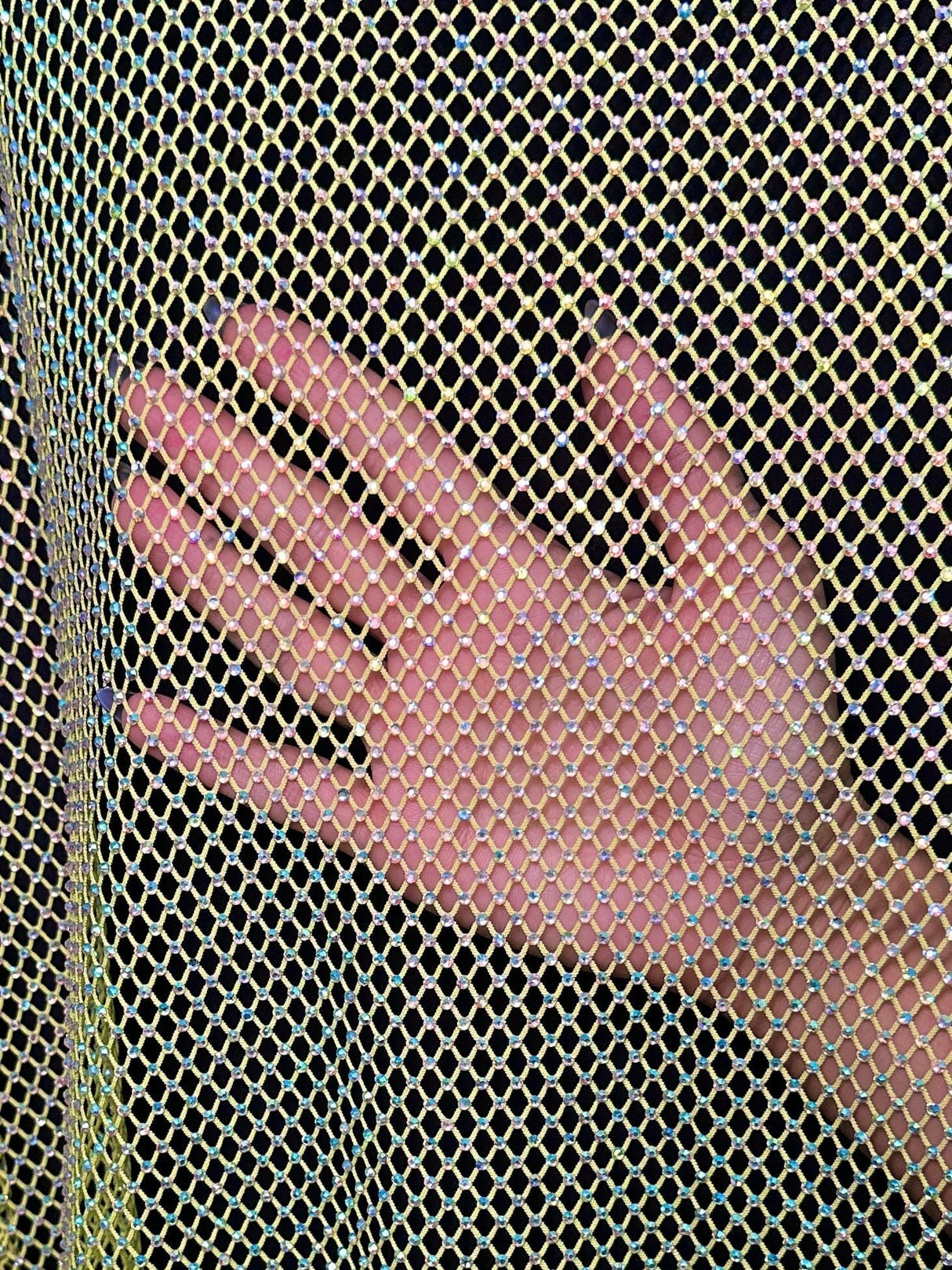 Yellow Rhinestone Diamond Fishnet Mesh