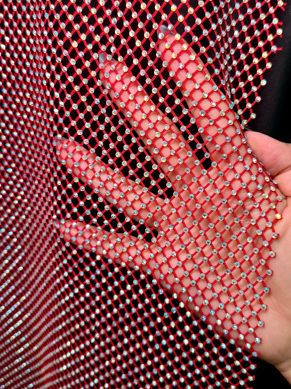 Rhinestone Fishnet Mesh Red