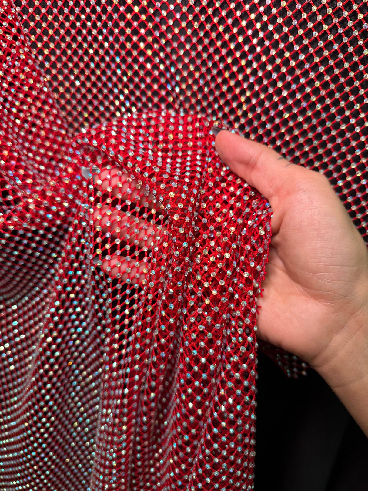 Rhinestone Fishnet Mesh Red