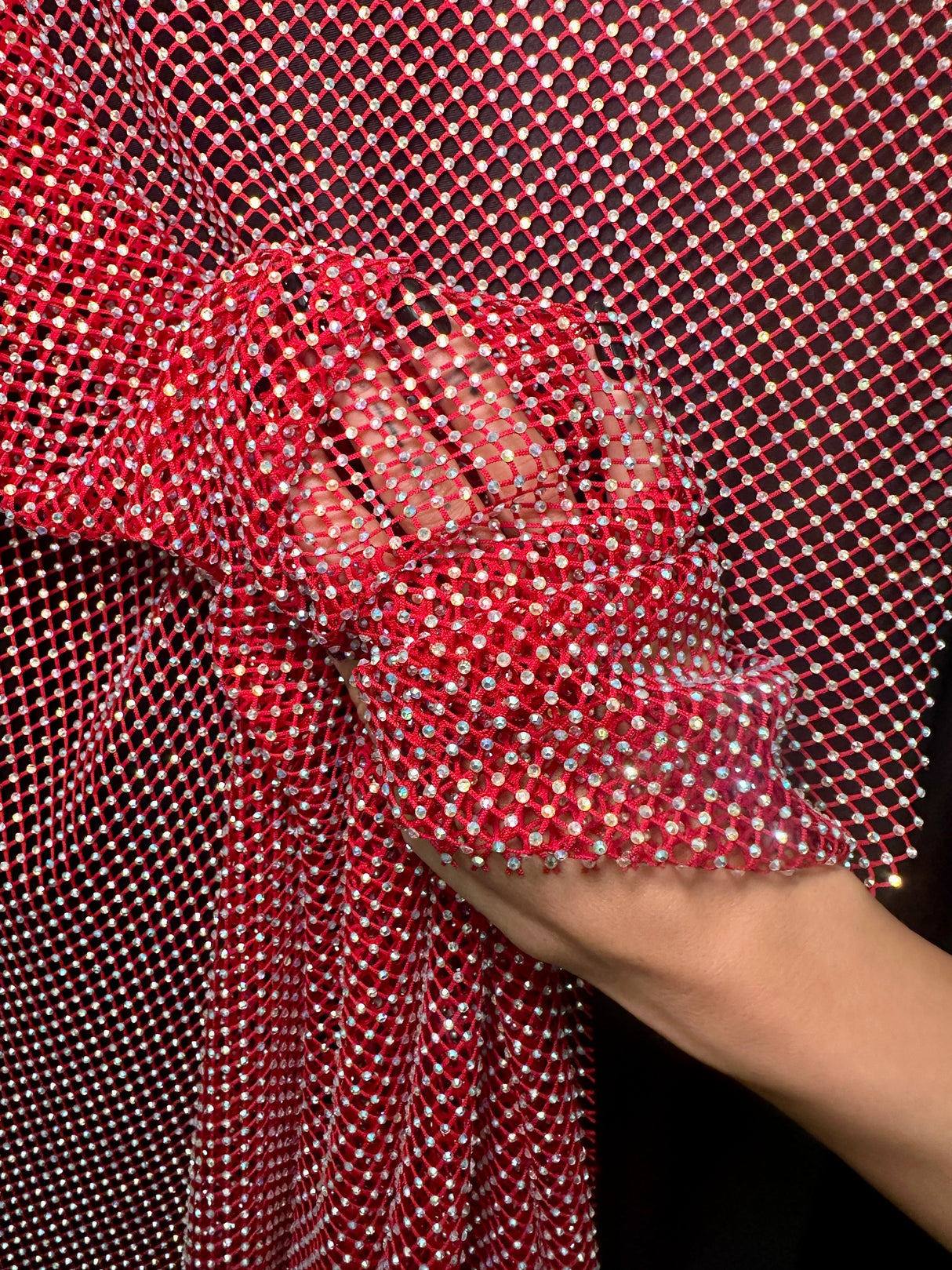 Rhinestone Fishnet Mesh Red