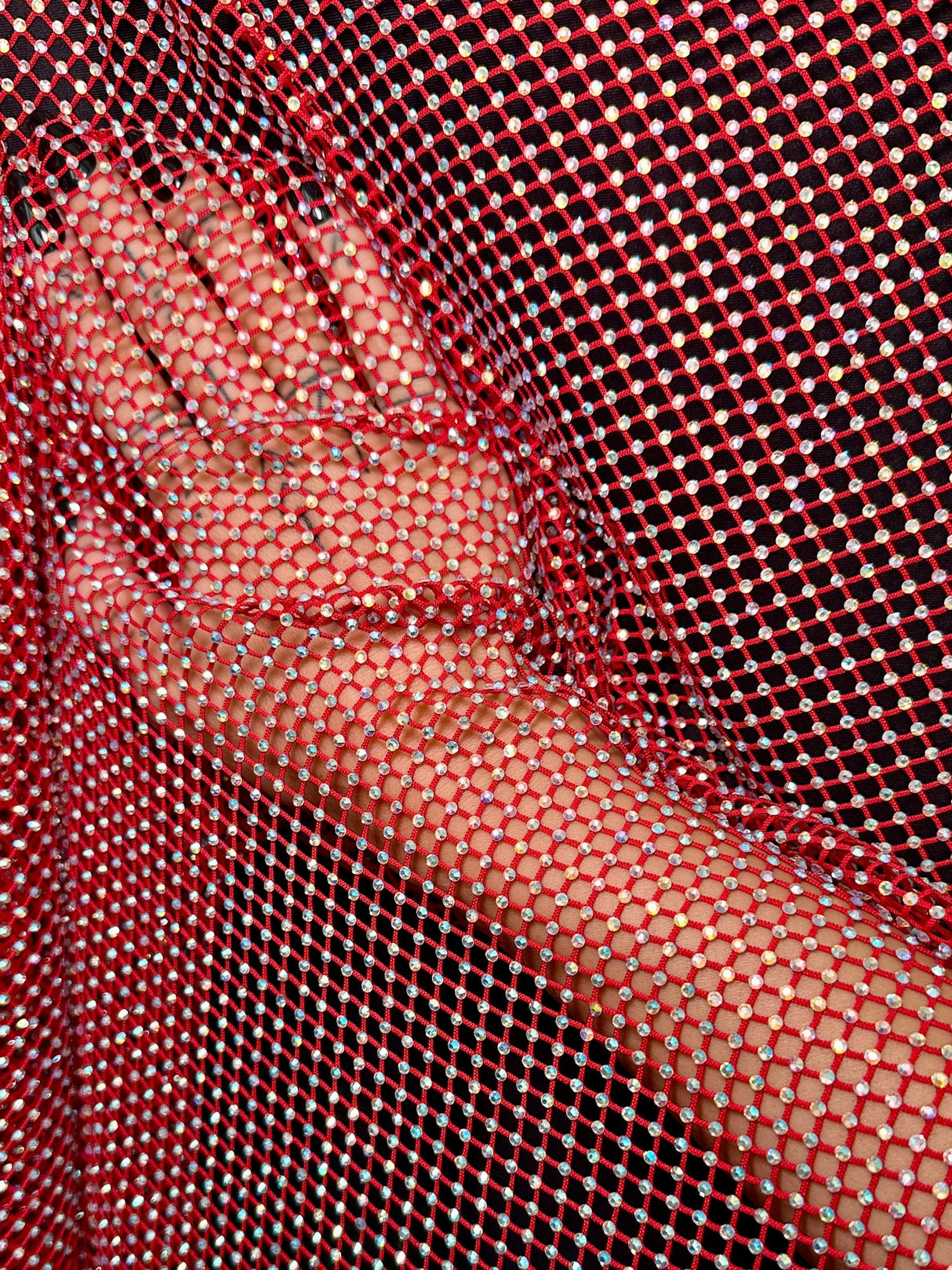Rhinestone Fishnet Mesh Red