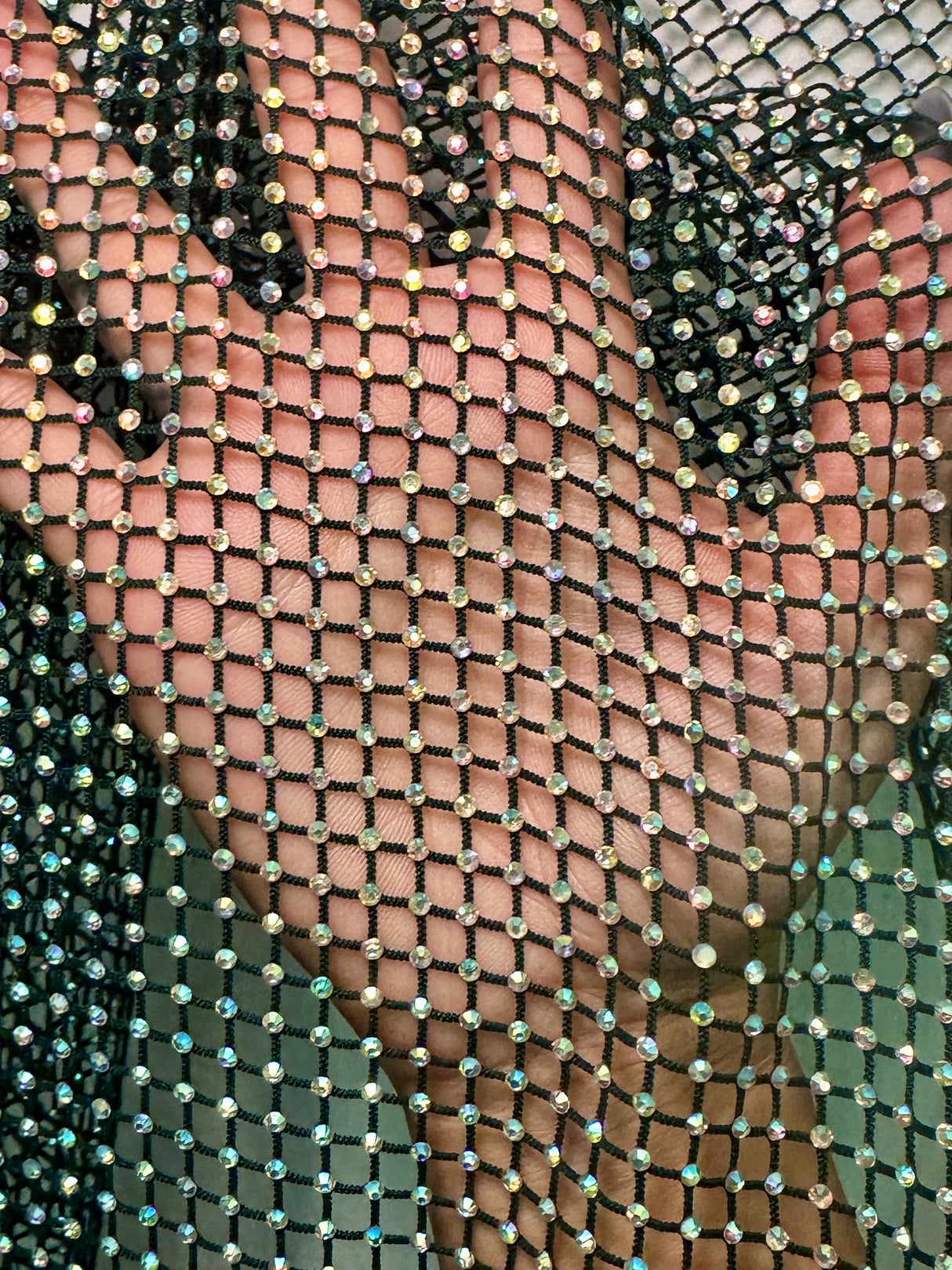 Rhinestone Diamond Fishnet Mesh Hunter Green