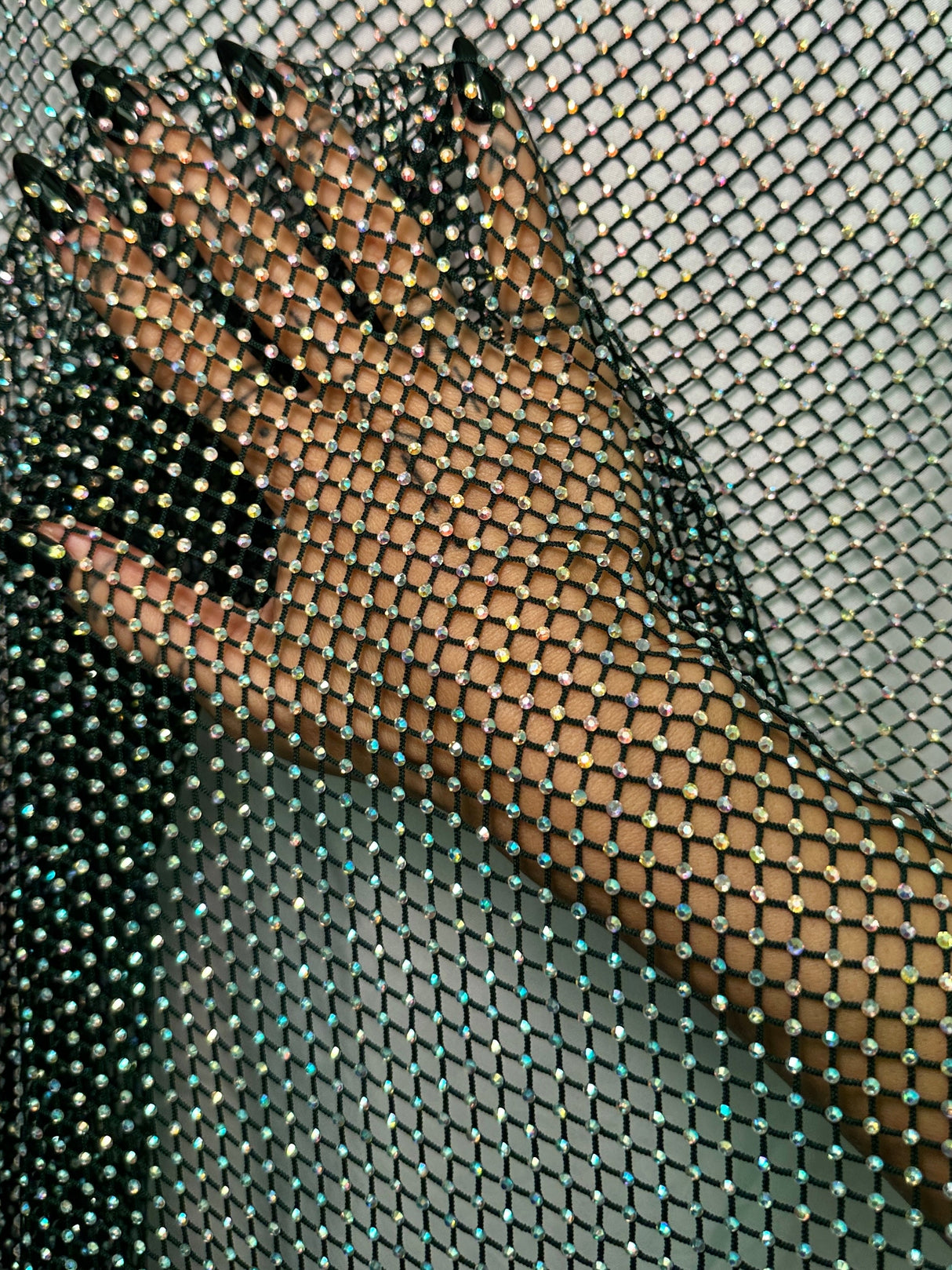Rhinestone Diamond Fishnet Mesh Hunter Green