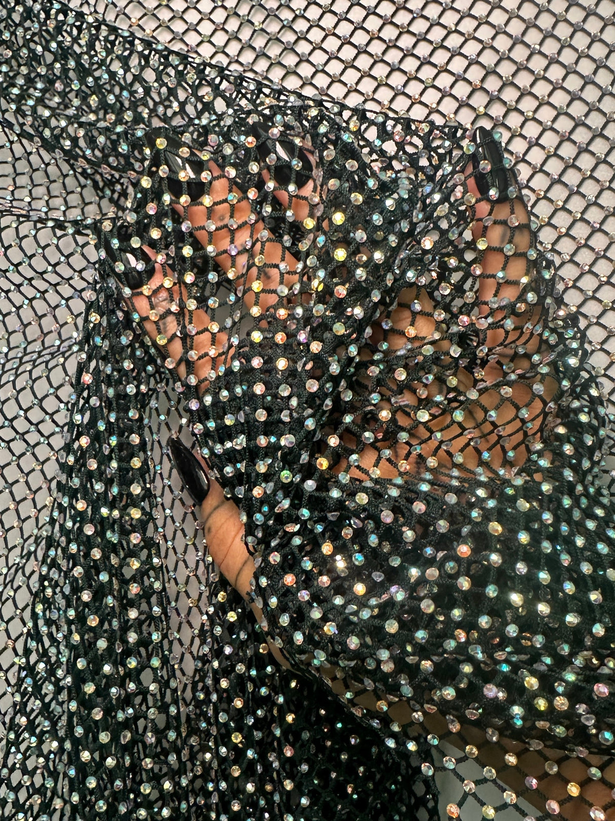 Rhinestone Diamond Fishnet Mesh Hunter Green