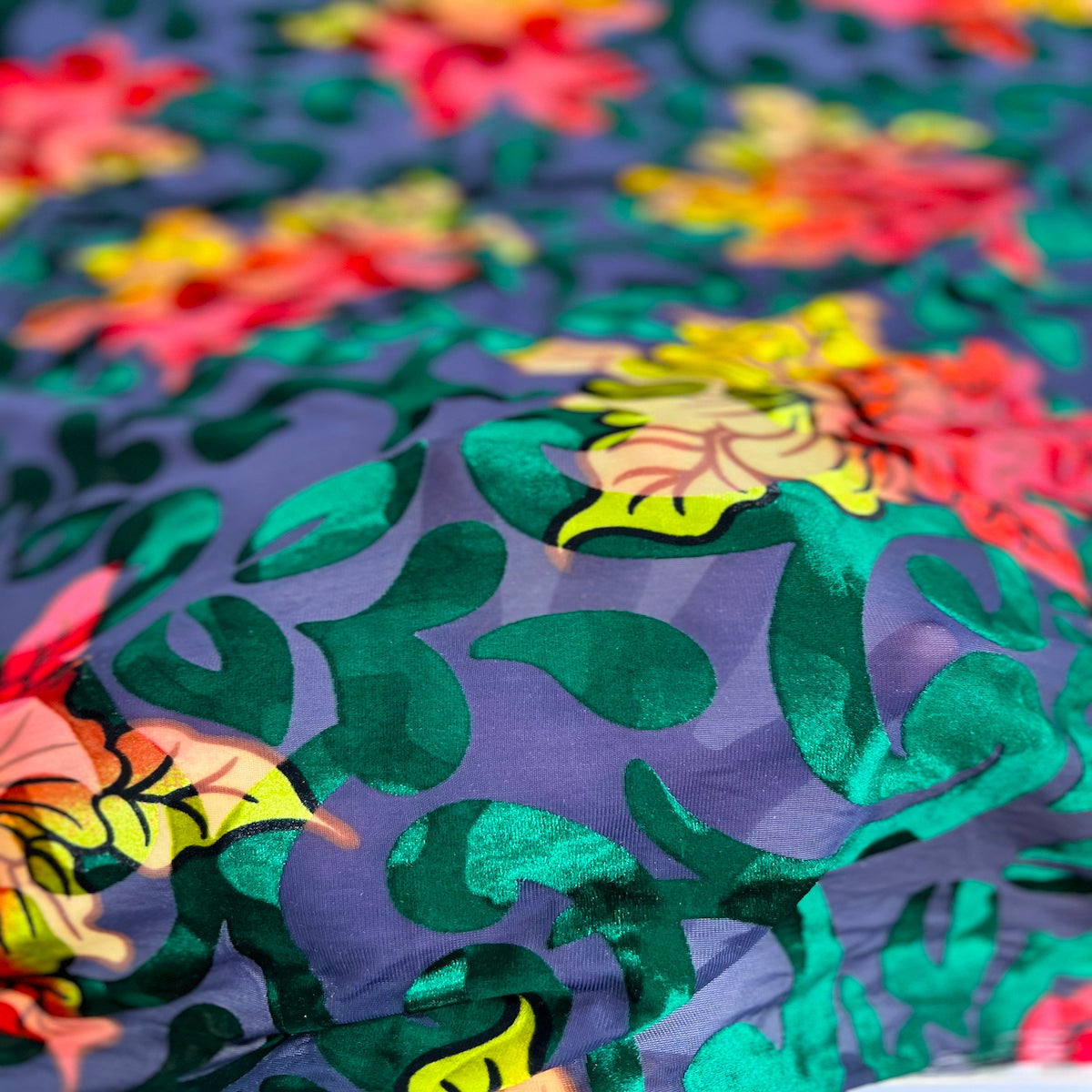Bombay Multicolor Floral Burnout Stretch Velvet Fabric - Multicolor Floral Burnout, 58" Width (1 Yard)