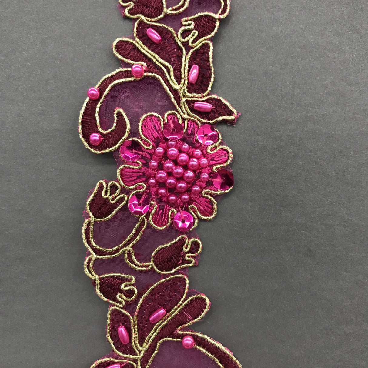 1 Yard Handmade Beaded & Corded Lace Trimming Embroidered on Polyester Organza 2 Inch Width