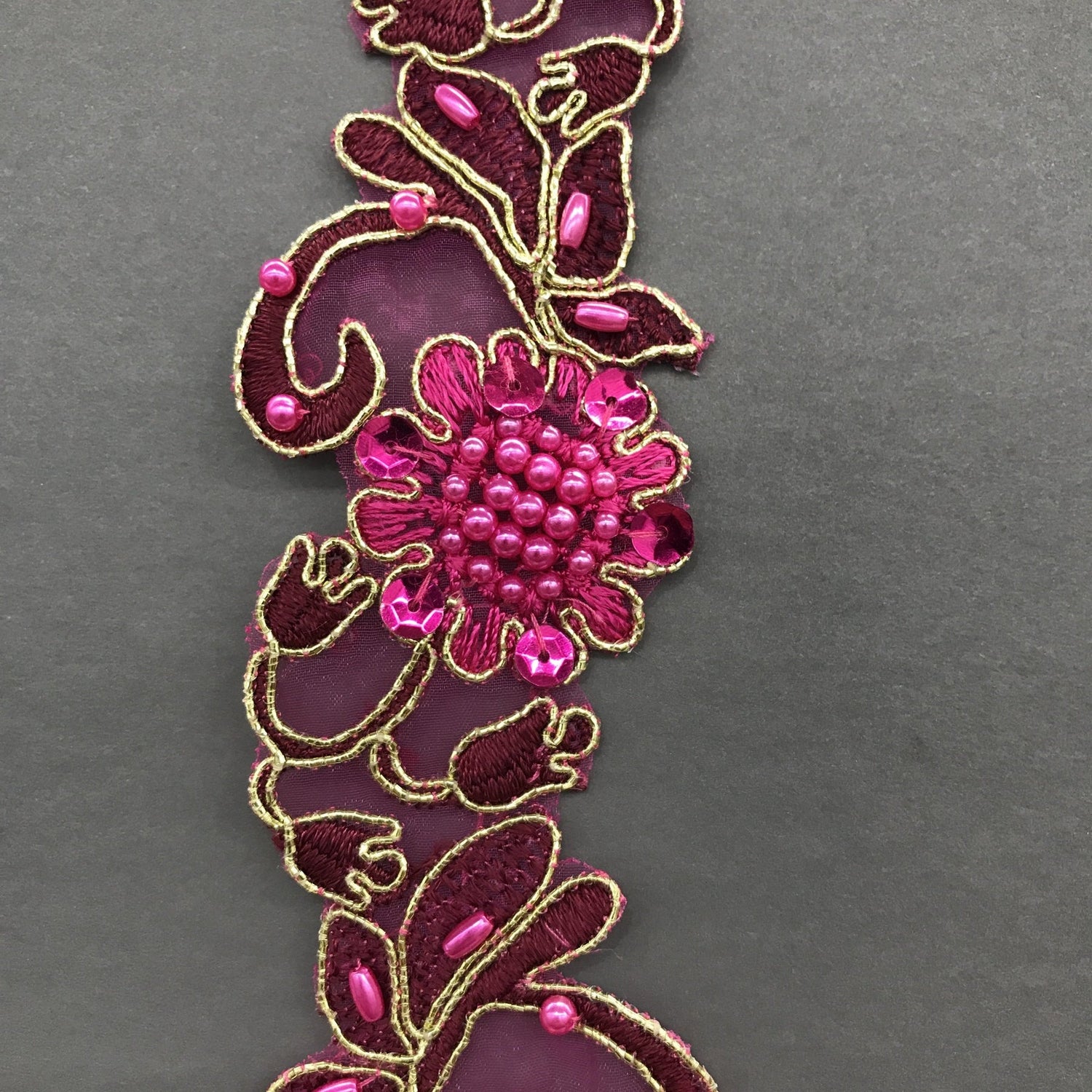 1 Yard Handmade Beaded & Corded Lace Trimming Embroidered on Polyester Organza 2 Inch Width