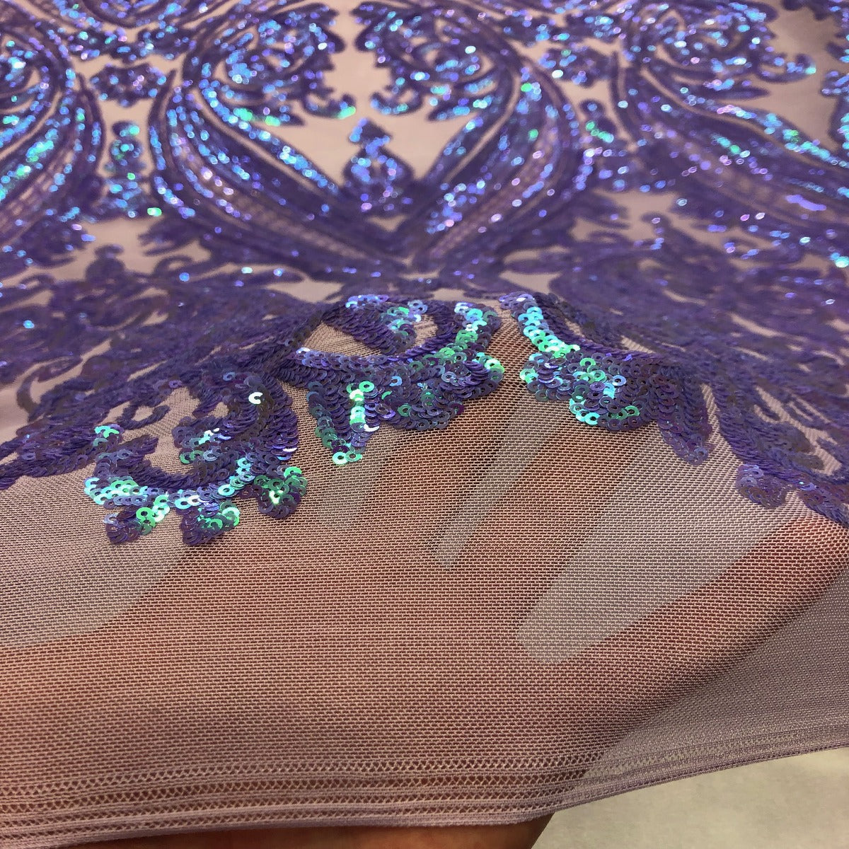 Catina Damask Stretch Sequins Nylon Spandex Mesh Fabric - Iridescent Sequin Damask, 60" Width, 52" Sequin Width (1 Yard)