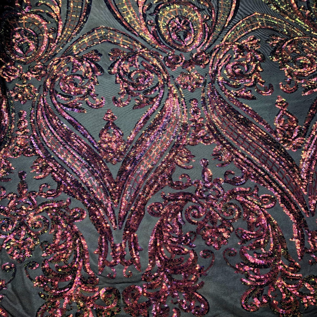 Catina Damask Stretch Sequins Nylon Spandex Mesh Fabric - Iridescent Sequin Damask, 60" Width, 52" Sequin Width (1 Yard)