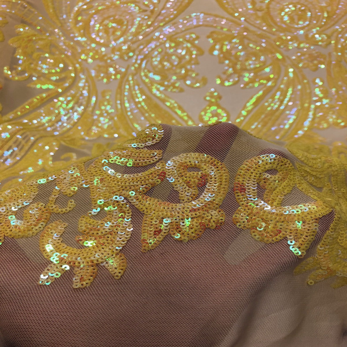 Catina Damask Stretch Sequins Nylon Spandex Mesh Fabric - Iridescent Sequin Damask, 60" Width, 52" Sequin Width (1 Yard)