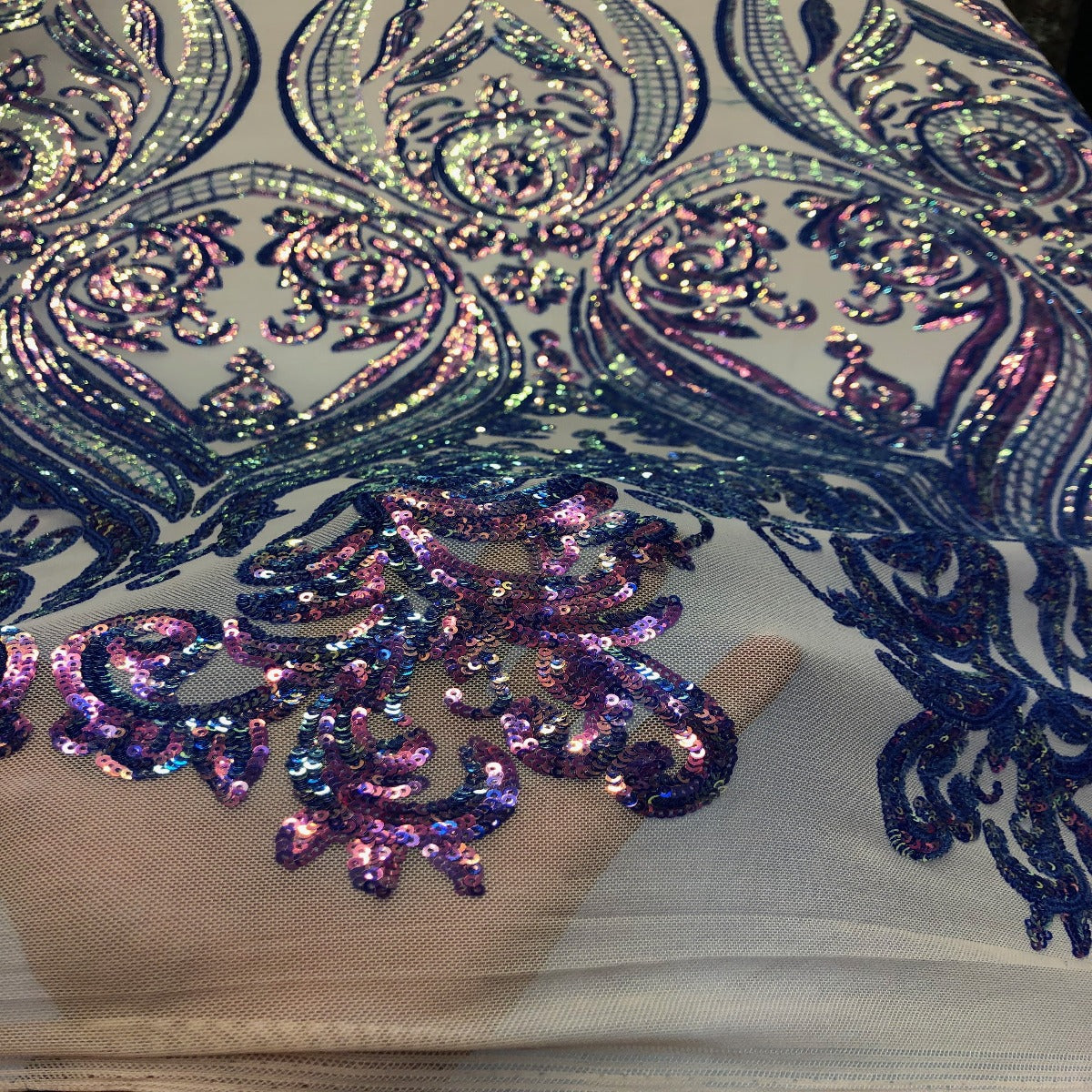 Catina Damask Stretch Sequins Nylon Spandex Mesh Fabric - Iridescent Sequin Damask, 60" Width, 52" Sequin Width (1 Yard)