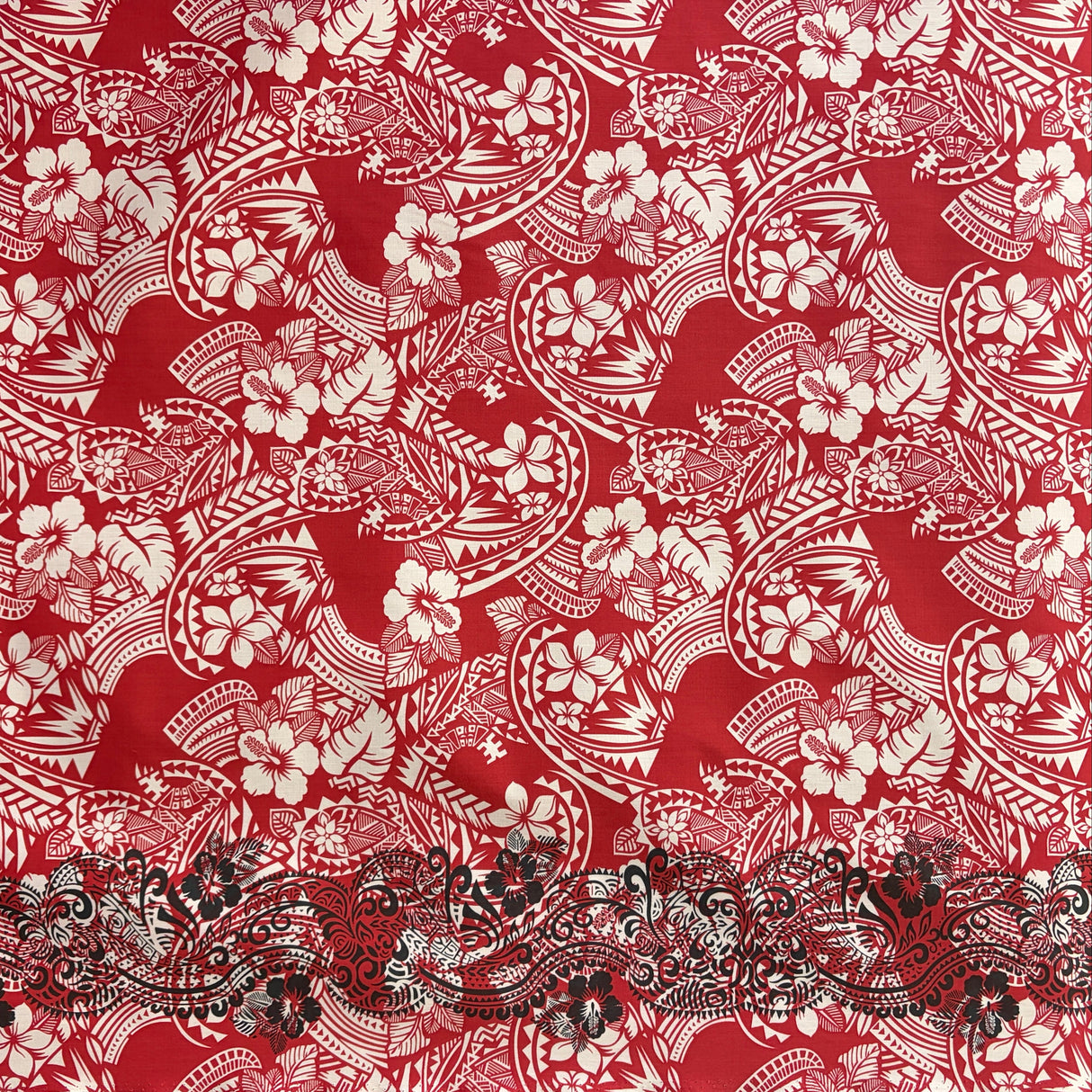 Poly-Cotton Fabric Polynesian Hibiscus & Plumeria Single Border