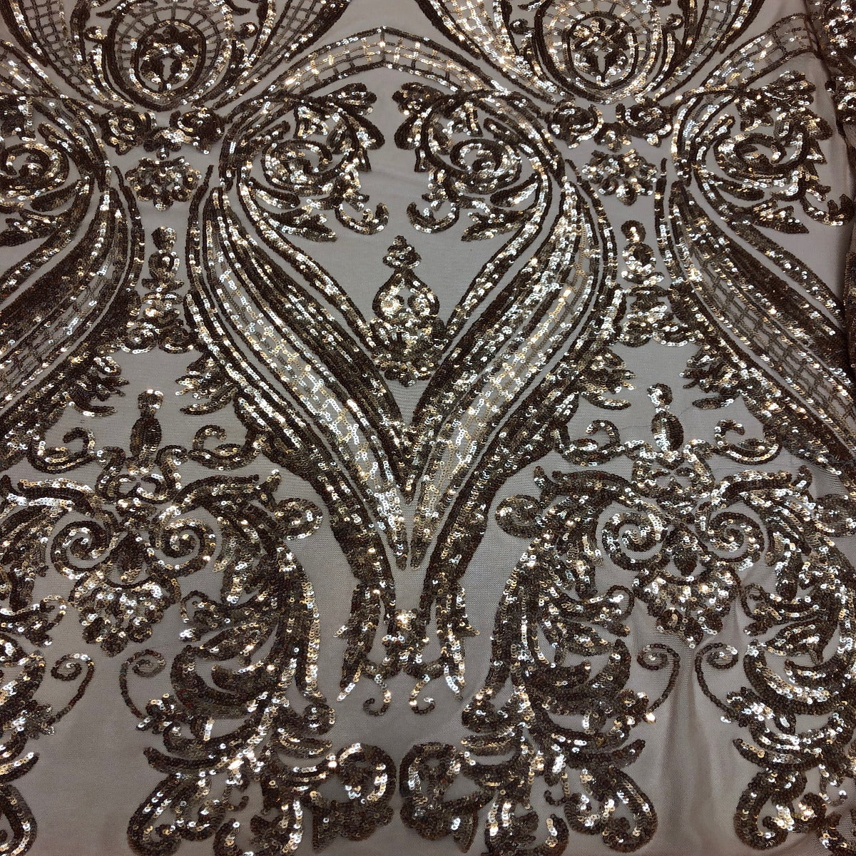 Catina Damask Stretch Sequins Nylon Spandex Mesh Fabric - Iridescent Sequin Damask, 60" Width, 52" Sequin Width (1 Yard)
