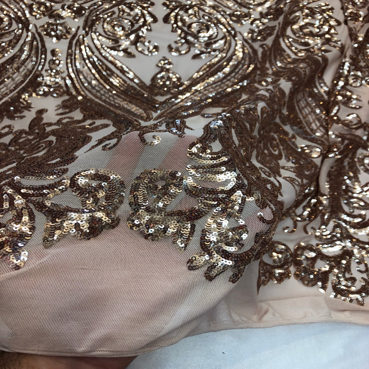 Catina Damask Stretch Sequins Nylon Spandex Mesh Fabric - Iridescent Sequin Damask, 60" Width, 52" Sequin Width (1 Yard)
