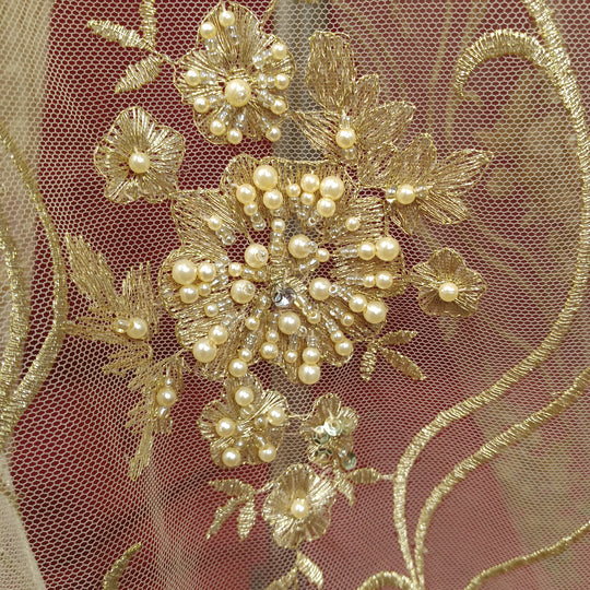 1 Yard Silver Beaded Lace Fabric Embroidered on Polyester Net Mesh Pearl Detail 51 Inch Width