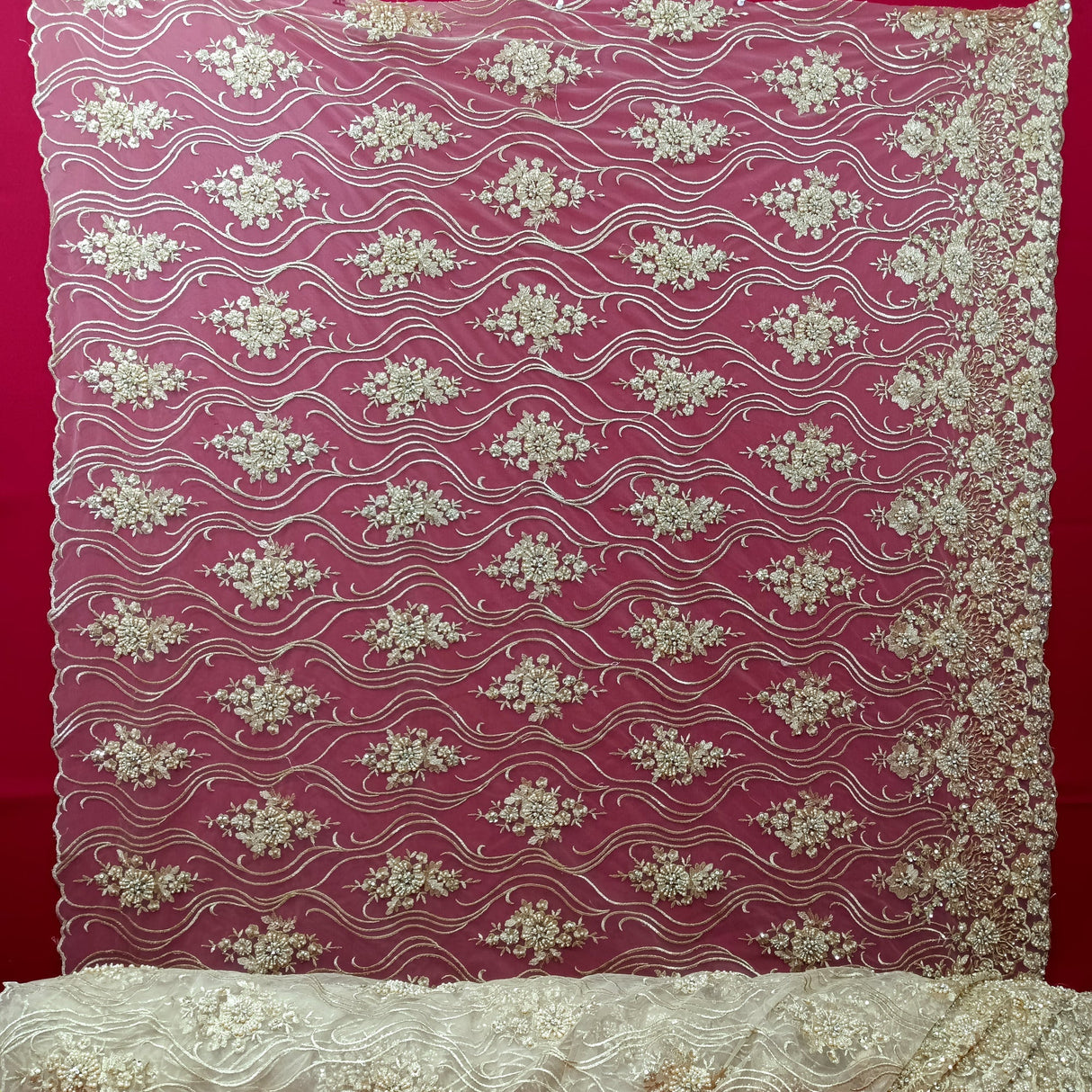 Beaded Lace Fabric Embroidered On 100 Percent Polyester Net Mesh - Gold, Jade, Silver, Black, 51" Width (1 Yard)