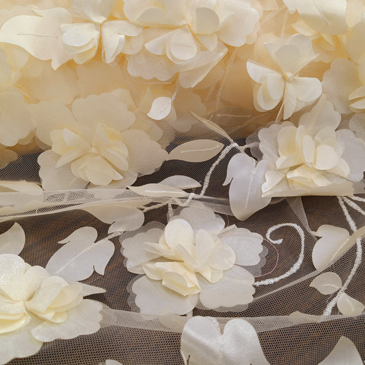 1 Yard 3D Floral Lace Fabric Embroidered on 100 Percent Polyester Soft Tulle Net Mesh White 60 inch Width