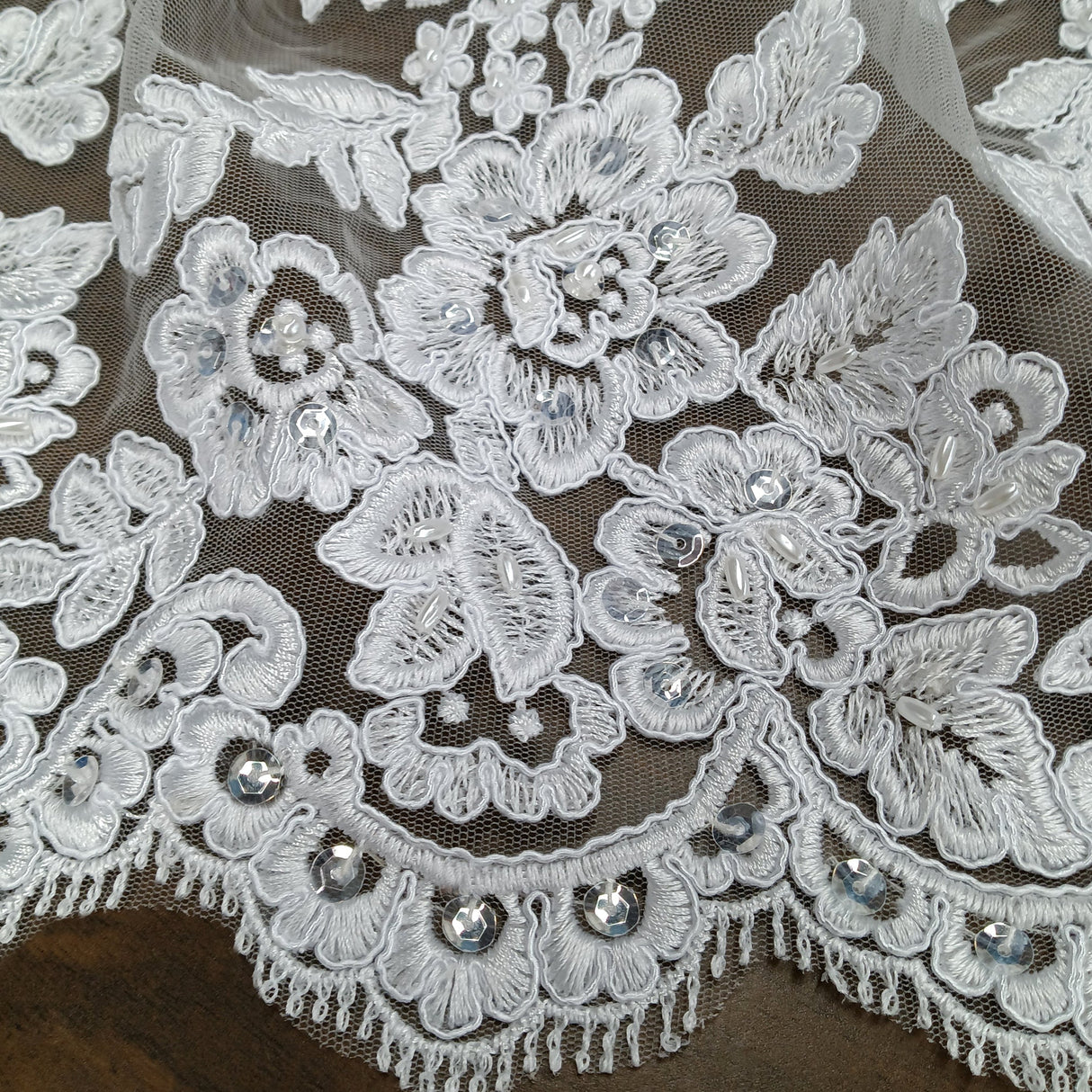 Beaded Corded Bridal Lace Fabric - Embroidered 100 Percent Polyester Net Mesh, 50" Wide (1 Yard)