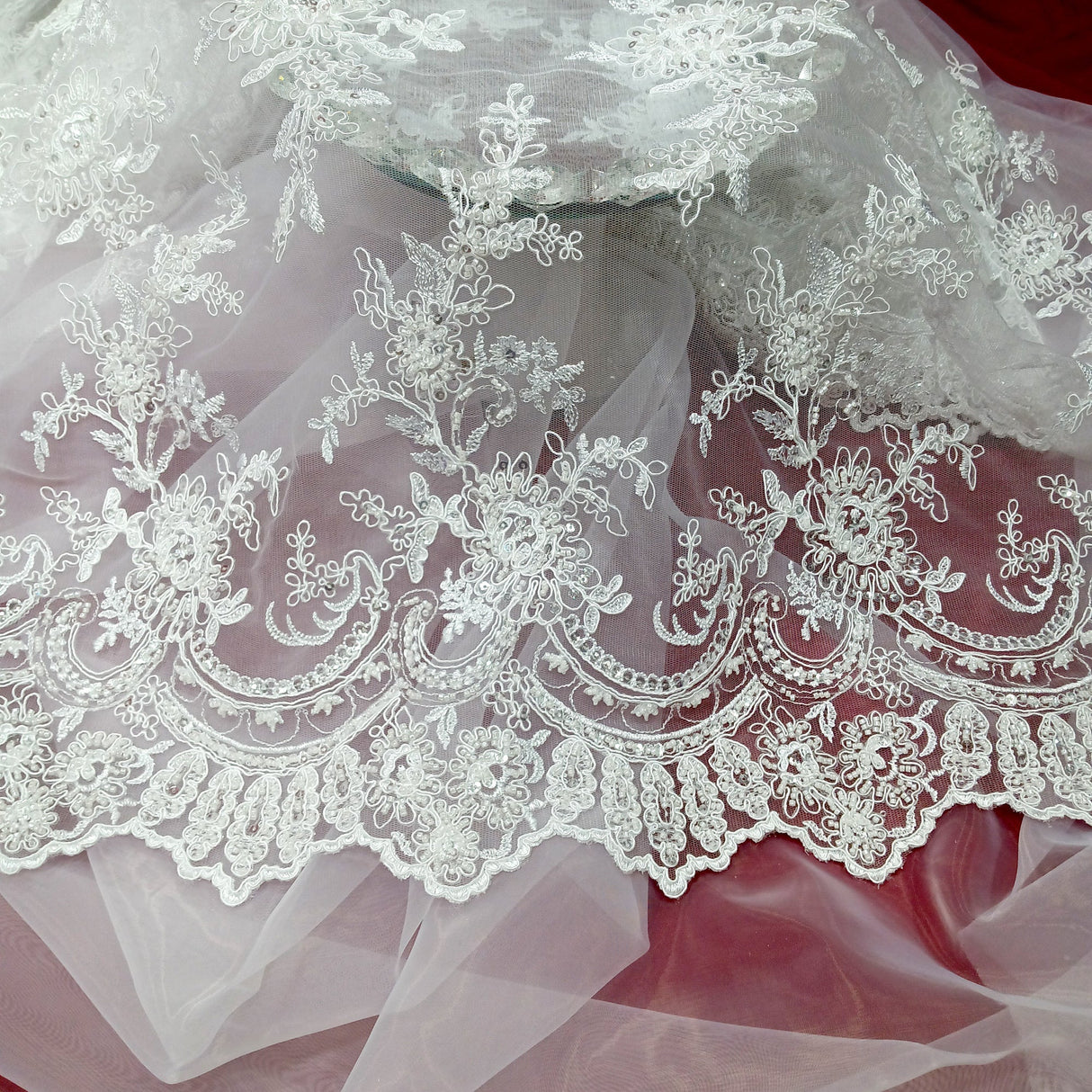 Beaded & Corded Bridal Polyester Lace Fabric - Embroidered Net Mesh, 51" Width (1 Yard)