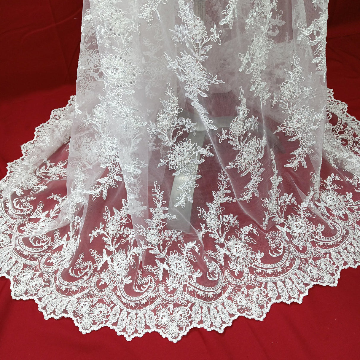 1 Yard Beaded and Corded Bridal Fabric Lace Embroidered on Polyester Net Mesh 51 inch Width