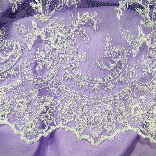 1 Yard Beaded and Corded Bridal Fabric Lace Embroidered on Polyester Net Mesh 51 inch Width