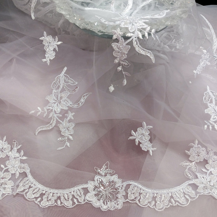 1 Yard Ivory Beaded and Corded Bridal Lace Fabric Embroidered on Polyester Net Mesh 52 Inch Width