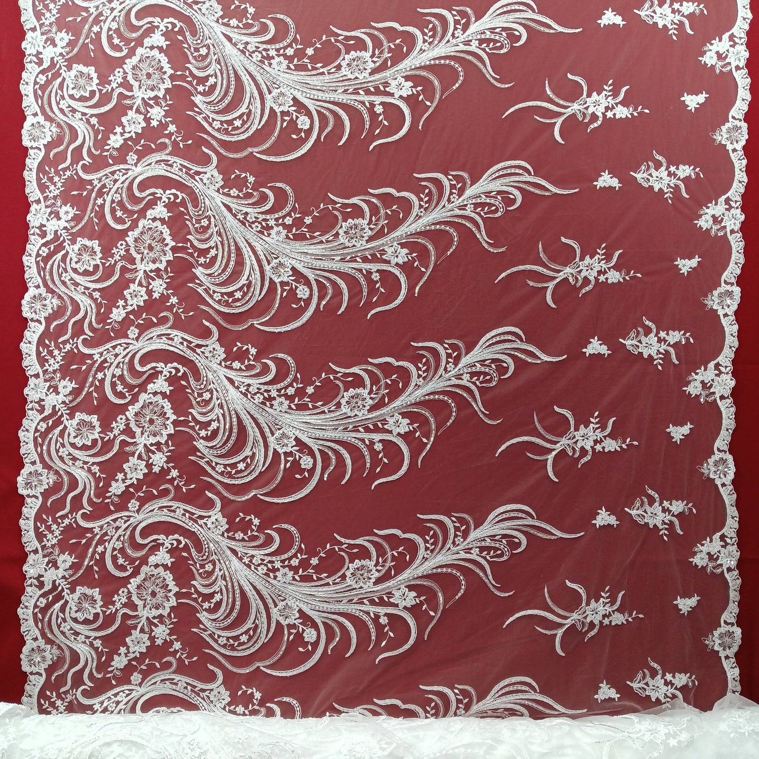 1 Yard Beaded Corded Bridal Lace Fabric Embroidered 100 Percent Polyester Net Mesh 52 inch Width