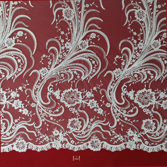 1 Yard Beaded Corded Bridal Lace Fabric Embroidered 100 Percent Polyester Net Mesh 52 inch Width