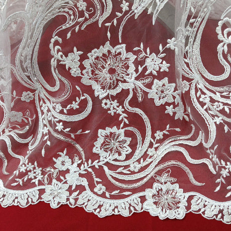 1 Yard Luxurious Beaded and Corded Bridal Lace Fabric Embroidered on 100% Polyester Net Mesh White