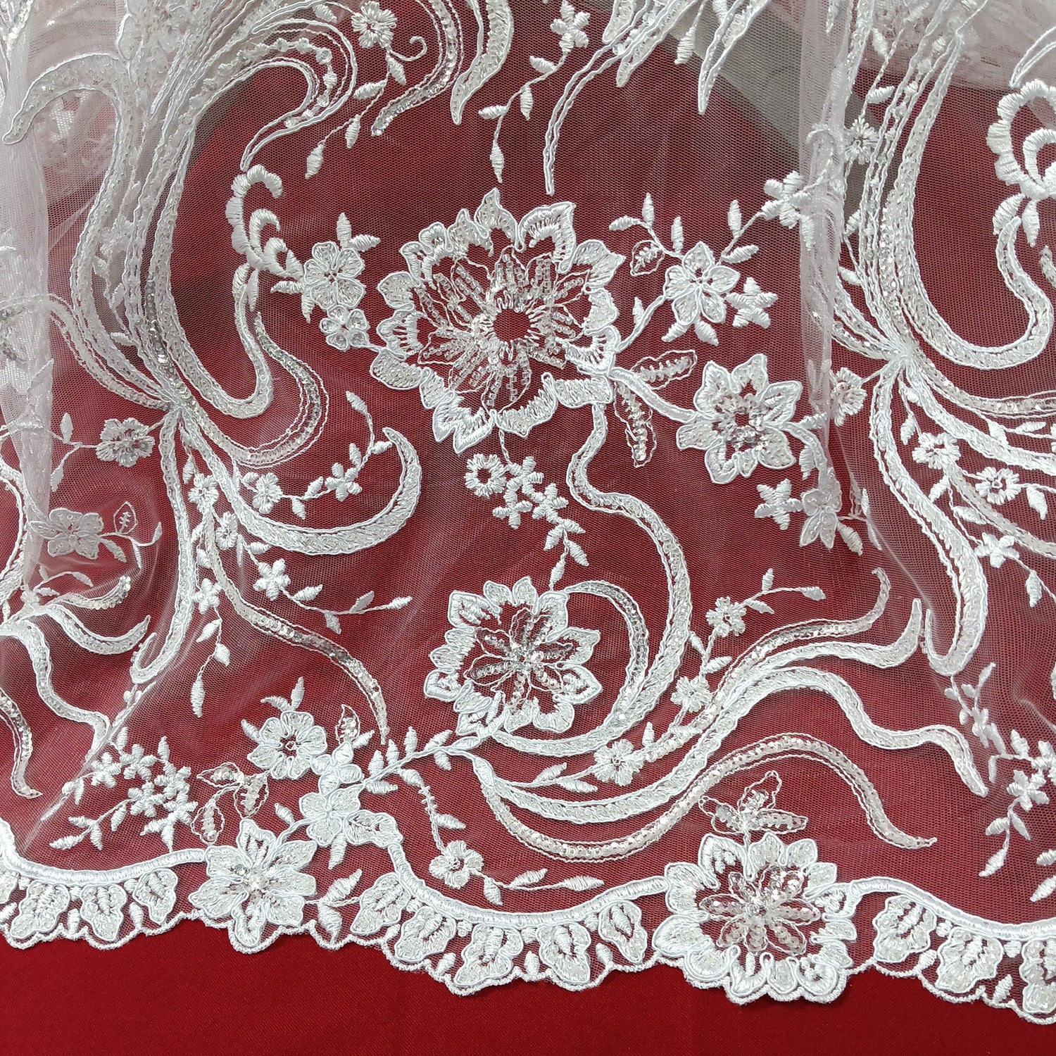 1 Yard Elegant Beaded Corded Bridal Lace Fabric Embroidered on Premium Mesh 52