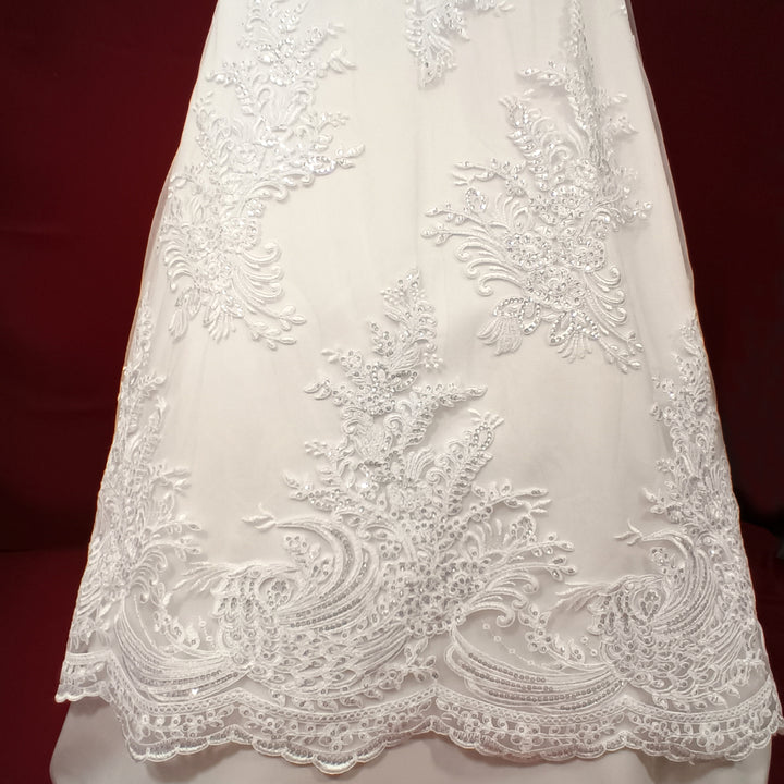 1 Yard Beaded and Corded Bridal Lace Fabric Embroidered on 100% Polyester Net Mesh White