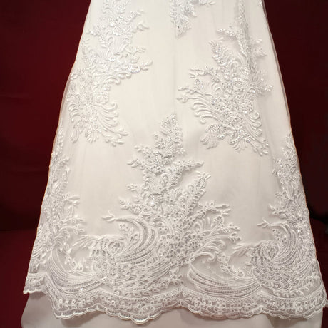 1 Yard Beaded and Corded Bridal Lace Fabric Embroidered on 100% Polyester Net Mesh White