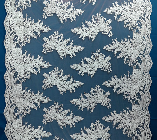 1 Yard Elegant Beaded and Corded Bridal Lace Fabric Embroidered on Polyester Net Mesh