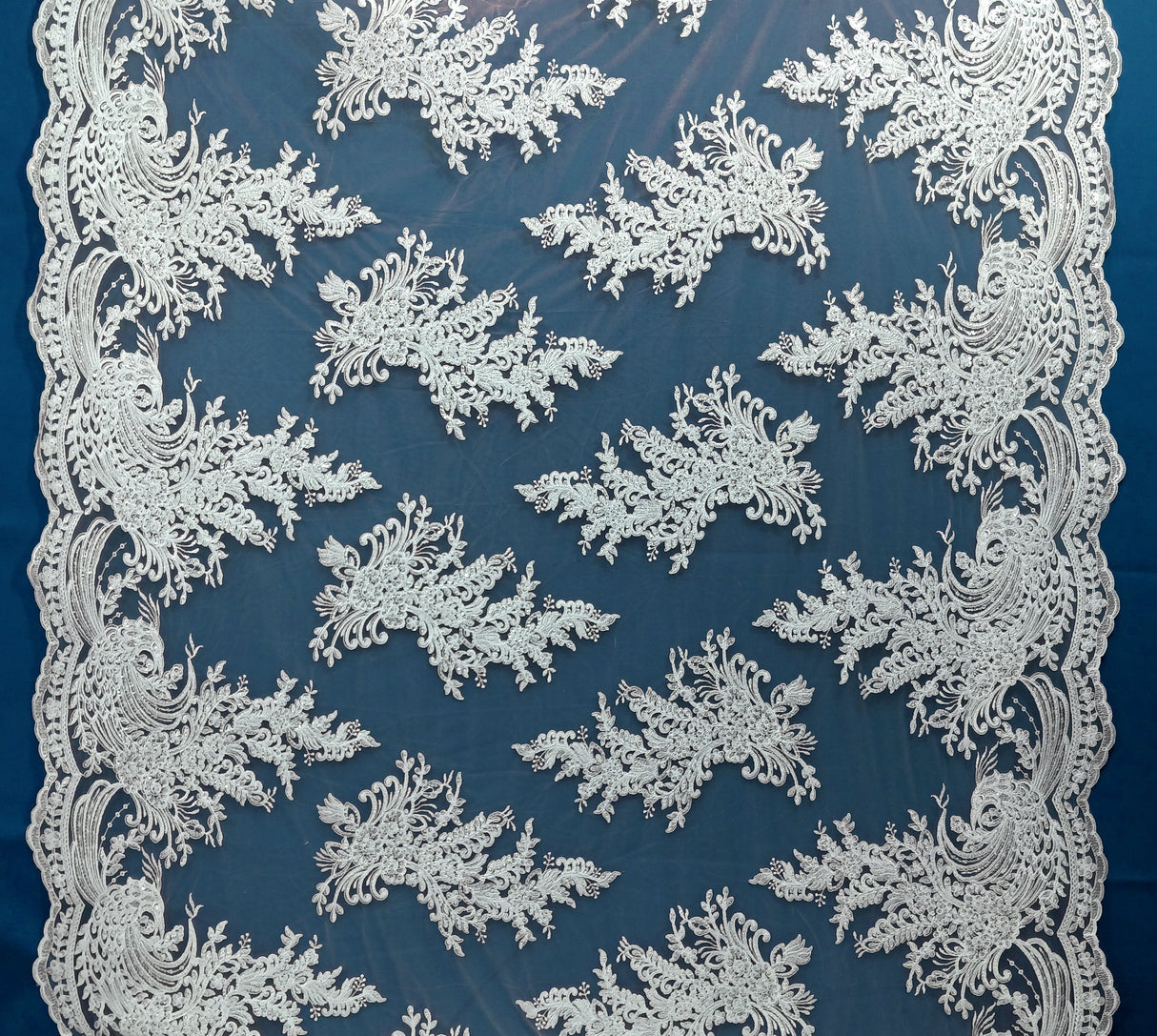 Beaded Corded Bridal Lace Fabric - Embroidered Polyester Net Mesh, 50" Width, Gold, Silver, Ivory, White (1 Yard)