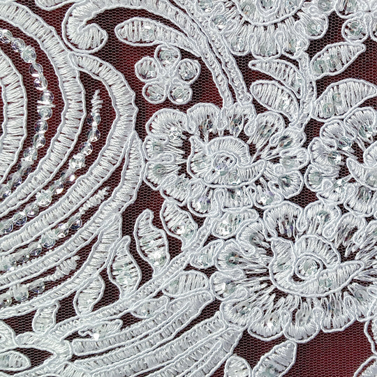 1 Yard Elegant Beaded and Corded Bridal Lace Fabric Embroidered on Polyester Net Mesh
