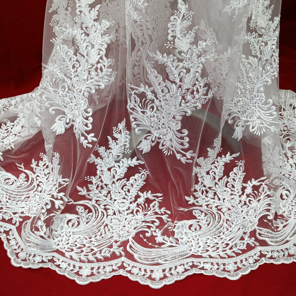 Beaded Corded Bridal Lace Fabric - Embroidered Polyester Net Mesh, 50" Width, Gold, Silver, Ivory, White (1 Yard)