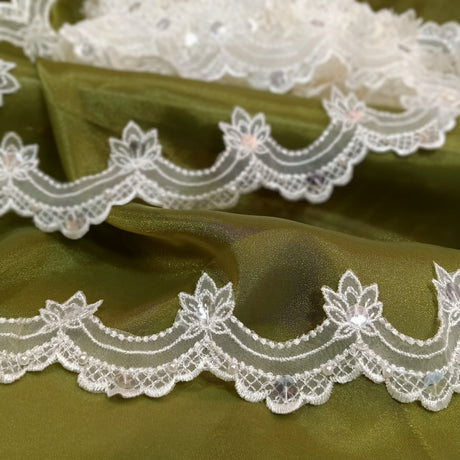 1 Yard Beaded Lace Trimming on Organza | 2.5" Wide | Elegant Embroidered Trim for Bridal, Evening & Dancewear