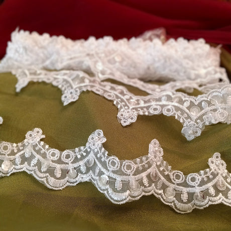 1 Yard Beaded Lace Trimming on Organza | 2.25" Wide | Decorative Beaded Trim for Bridal, Formalwear & Costumes