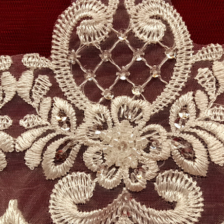 1 Yard Beaded Lace Trimming on Organza | 6" Wide | Handmade Embroidered Trim for Bridal, Gowns & Costumes