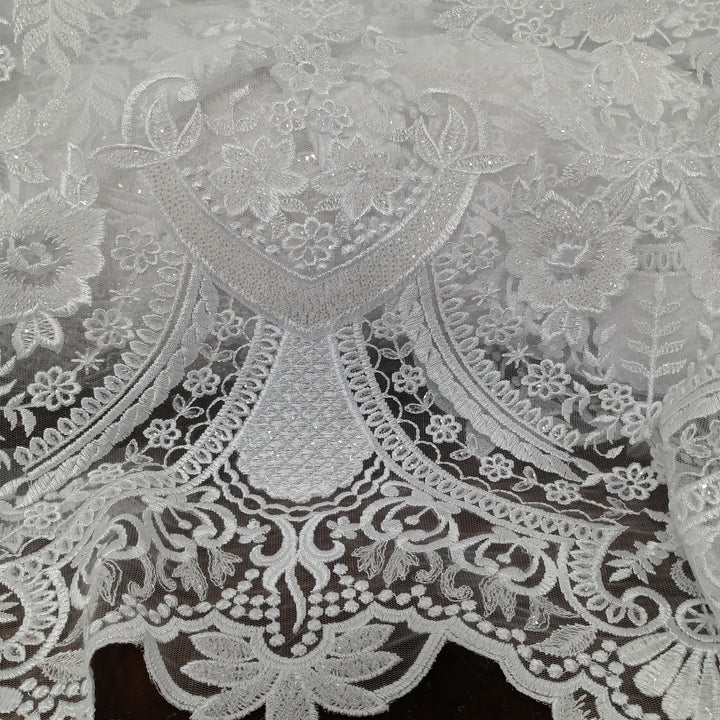 1 Yard Luxurious Beaded Lace Fabric Embroidered on 100% Polyester Net Mesh White