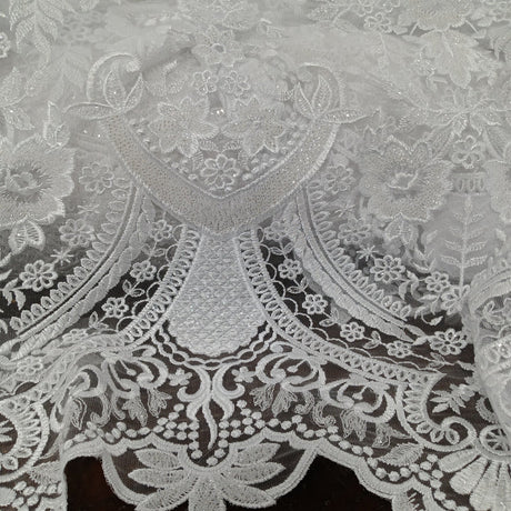 1 Yard Luxurious Beaded Lace Fabric Embroidered on 100% Polyester Net Mesh White