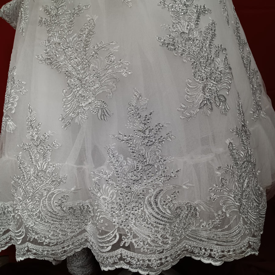 1 Yard Beaded and Corded Bridal Lace Fabric Embroidered on Polyester Net Mesh