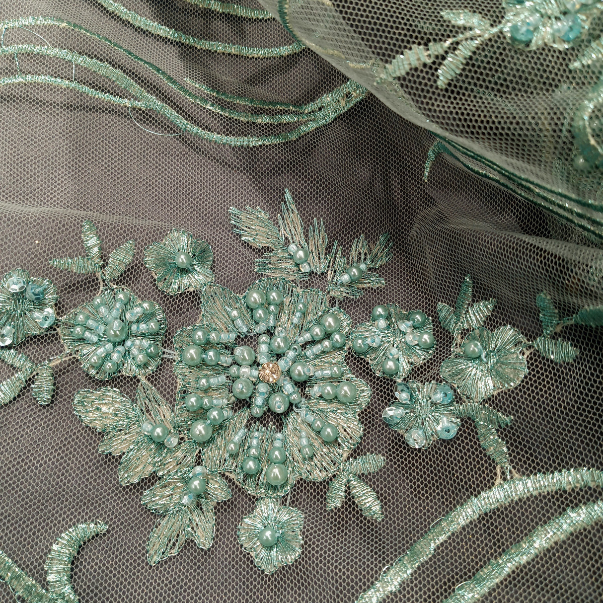 Beaded Lace Fabric on Polyester Net Mesh