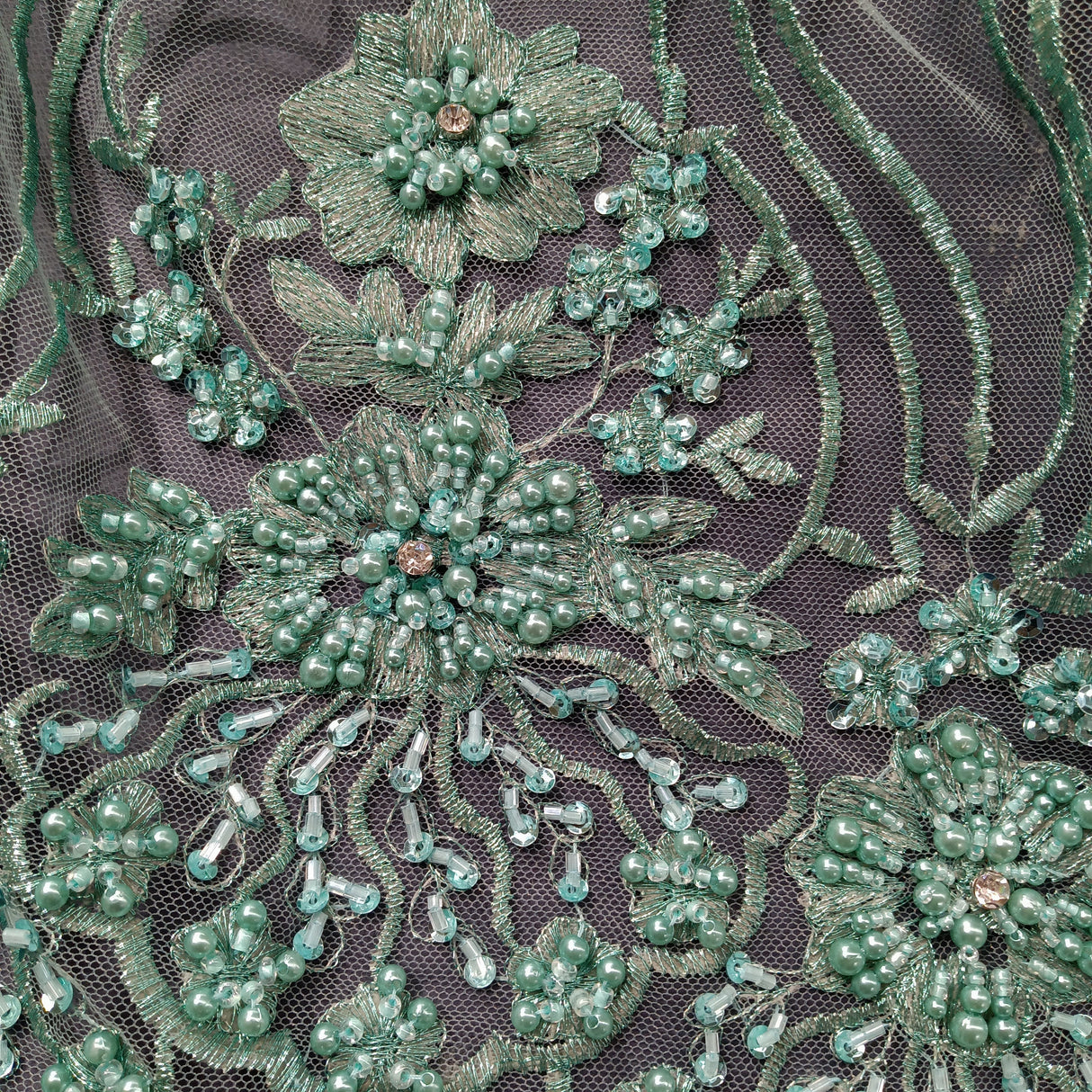 Beaded Lace Fabric on Polyester Net Mesh